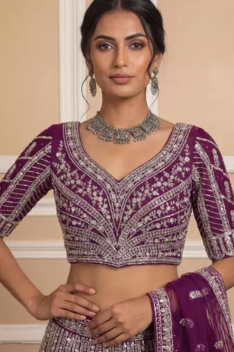 wine sequins embroidered net lehenga set choli with dupatta