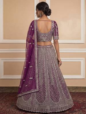 wine sequins embroidered net lehenga set choli with dupatta 5