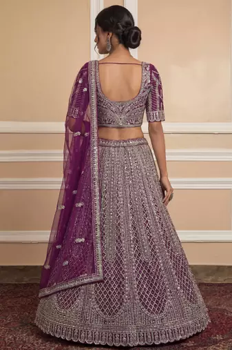 wine sequins embroidered net lehenga set choli with dupatta