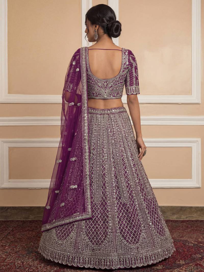 wine sequins embroidered net lehenga set choli with dupatta