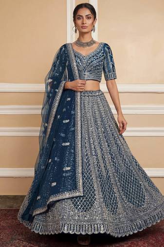 blue sequins embroidered net party lehenga set choli with dupatta