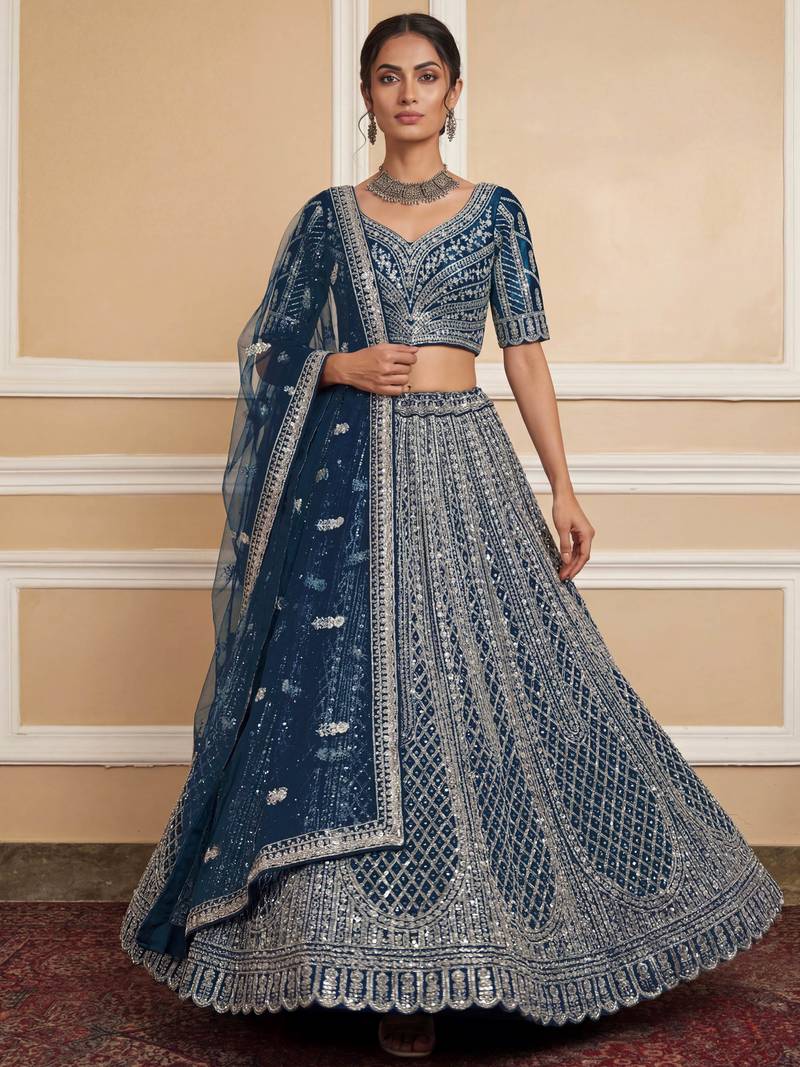 blue sequins embroidered net party lehenga set choli with dupatta