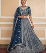 blue sequins embroidered net party lehenga set choli with dupatta