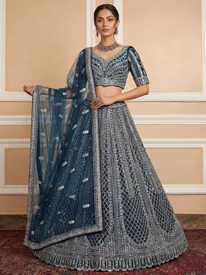 blue sequins embroidered net party lehenga set choli with dupatta 2