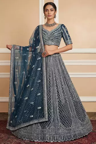 blue sequins embroidered net party lehenga set choli with dupatta