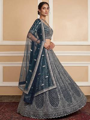 blue sequins embroidered net party lehenga set choli with dupatta 3