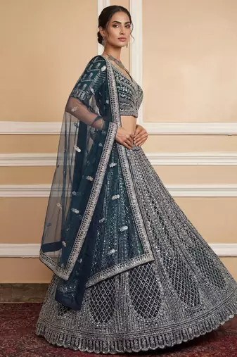 blue sequins embroidered net party lehenga set choli with dupatta