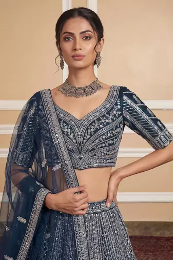 blue sequins embroidered net party lehenga set choli with dupatta