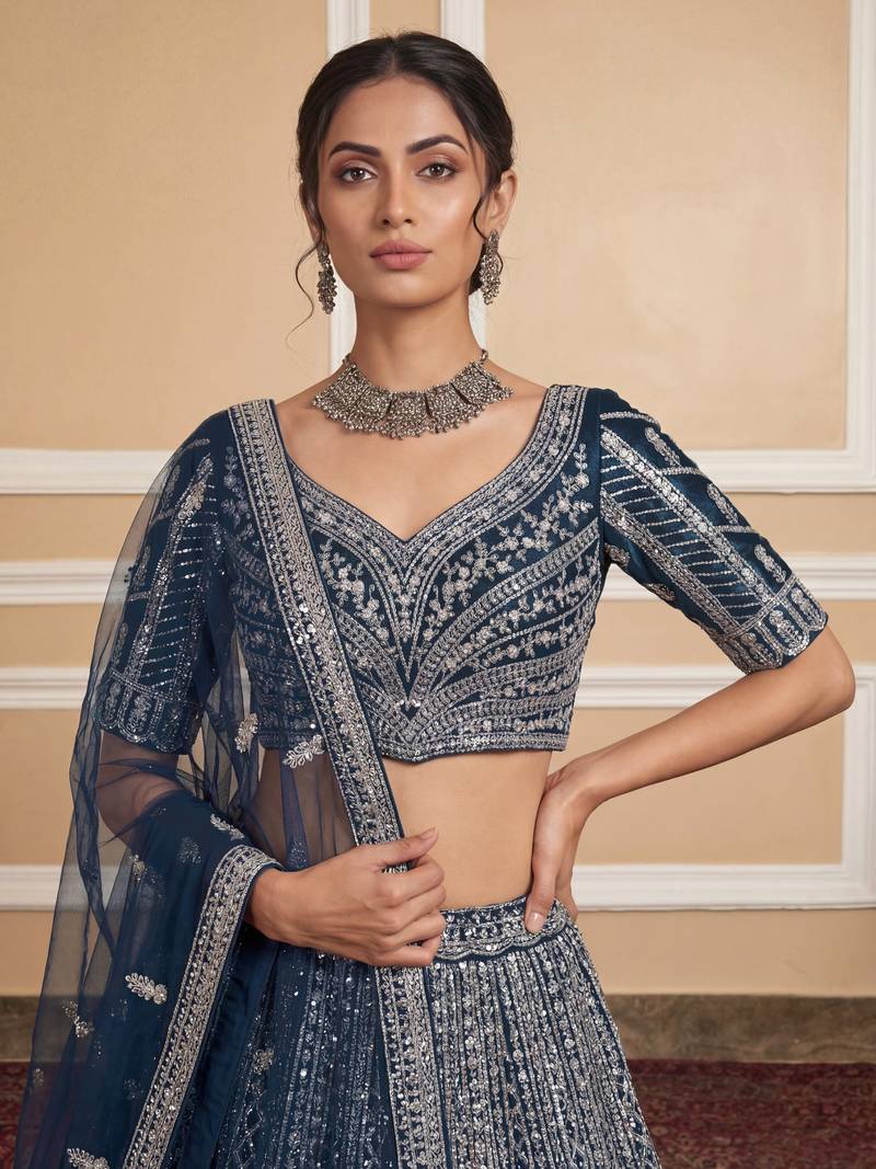 blue sequins embroidered net party lehenga set choli with dupatta