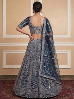 blue sequins embroidered net party lehenga set choli with dupatta 5