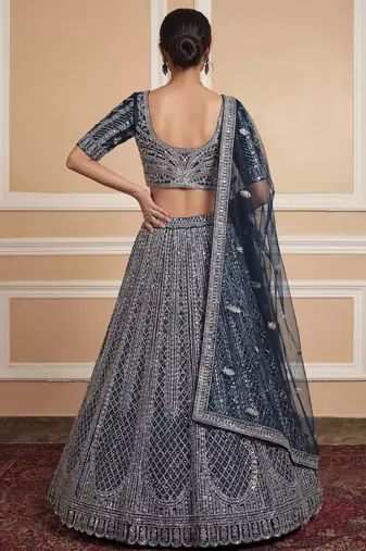 blue sequins embroidered net party lehenga set choli with dupatta