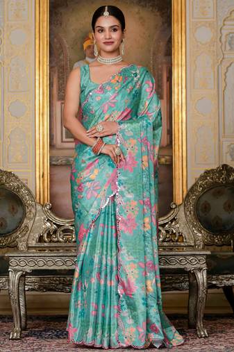 sea green chinon digital print with mirror saree with blouse