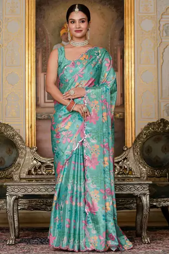 sea green chinon digital print with mirror saree with blouse