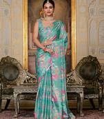 sea green chinon digital print with mirror saree with blouse