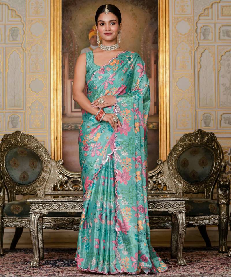 sea green chinon digital print with mirror saree with blouse