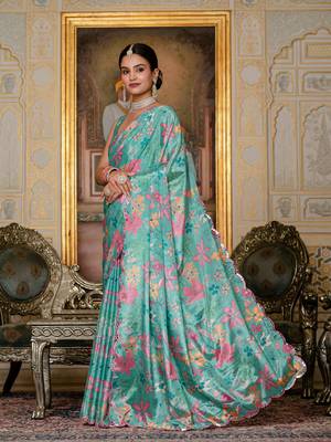 sea green chinon digital print with mirror saree with blouse 3