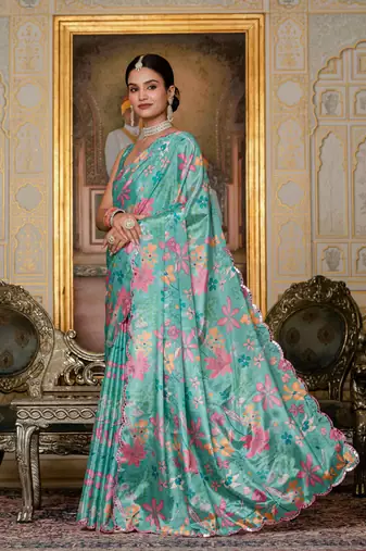 sea green chinon digital print with mirror saree with blouse