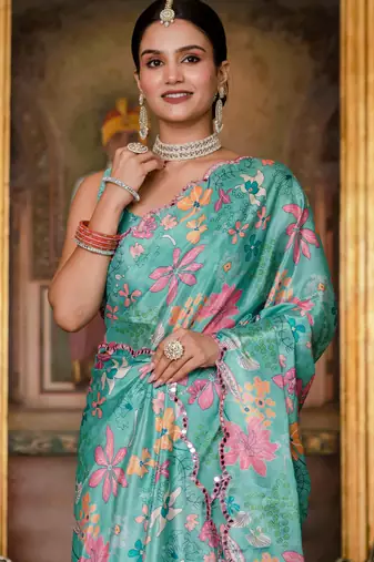sea green chinon digital print with mirror saree with blouse