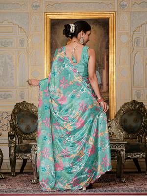 sea green chinon digital print with mirror saree with blouse 5