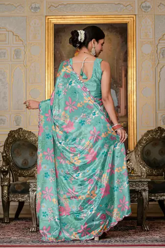 sea green chinon digital print with mirror saree with blouse