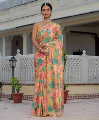 multicolor chinon digital print with mirror saree with blouse 1