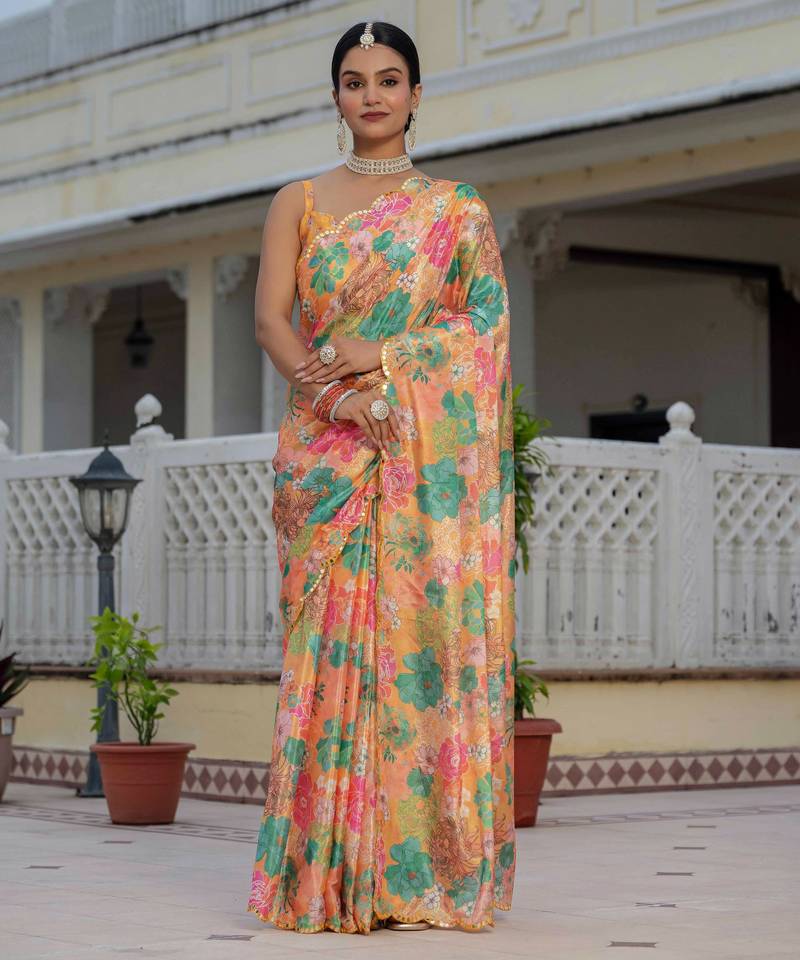multicolor chinon digital print with mirror saree with blouse