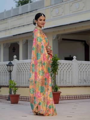 multicolor chinon digital print with mirror saree with blouse 2