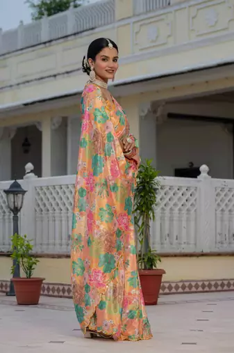 multicolor chinon digital print with mirror saree with blouse