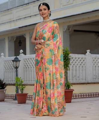multicolor chinon digital print with mirror saree with blouse 3