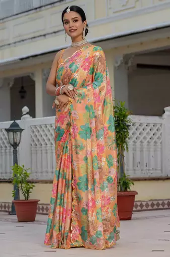 multicolor chinon digital print with mirror saree with blouse