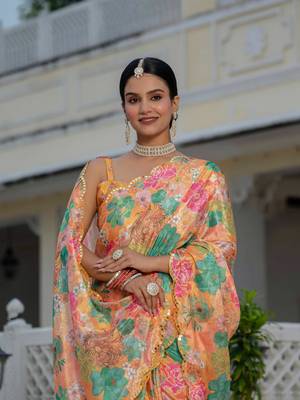 multicolor chinon digital print with mirror saree with blouse 4
