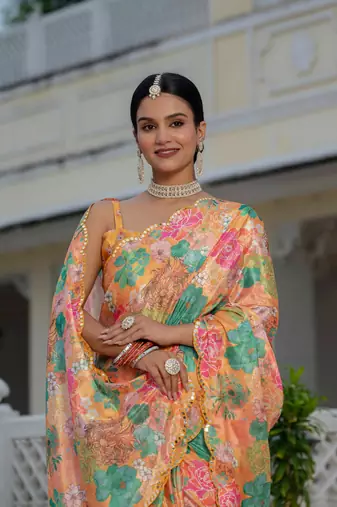 multicolor chinon digital print with mirror saree with blouse