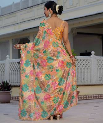 multicolor chinon digital print with mirror saree with blouse 5