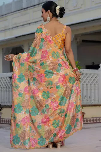 multicolor chinon digital print with mirror saree with blouse