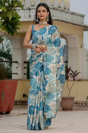 morpich chinon digital print with mirror saree with blouse