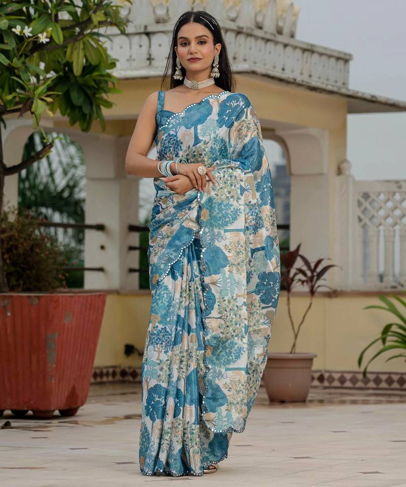 morpich chinon digital print with mirror saree with blouse