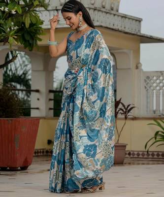 morpich chinon digital print with mirror saree with blouse 3