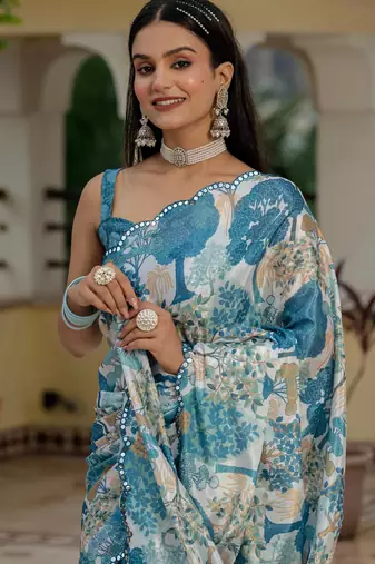 morpich chinon digital print with mirror saree with blouse