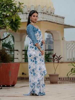 blue chinon digital print with mirror saree with blouse 2