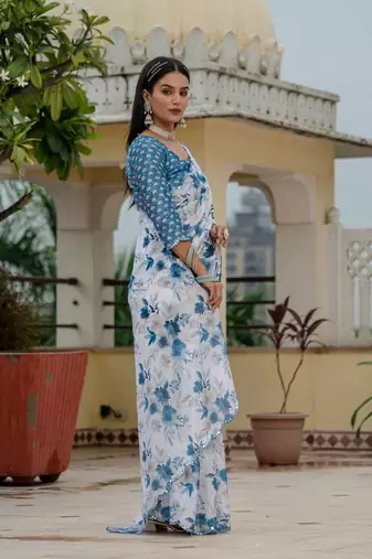 blue chinon digital print with mirror saree with blouse