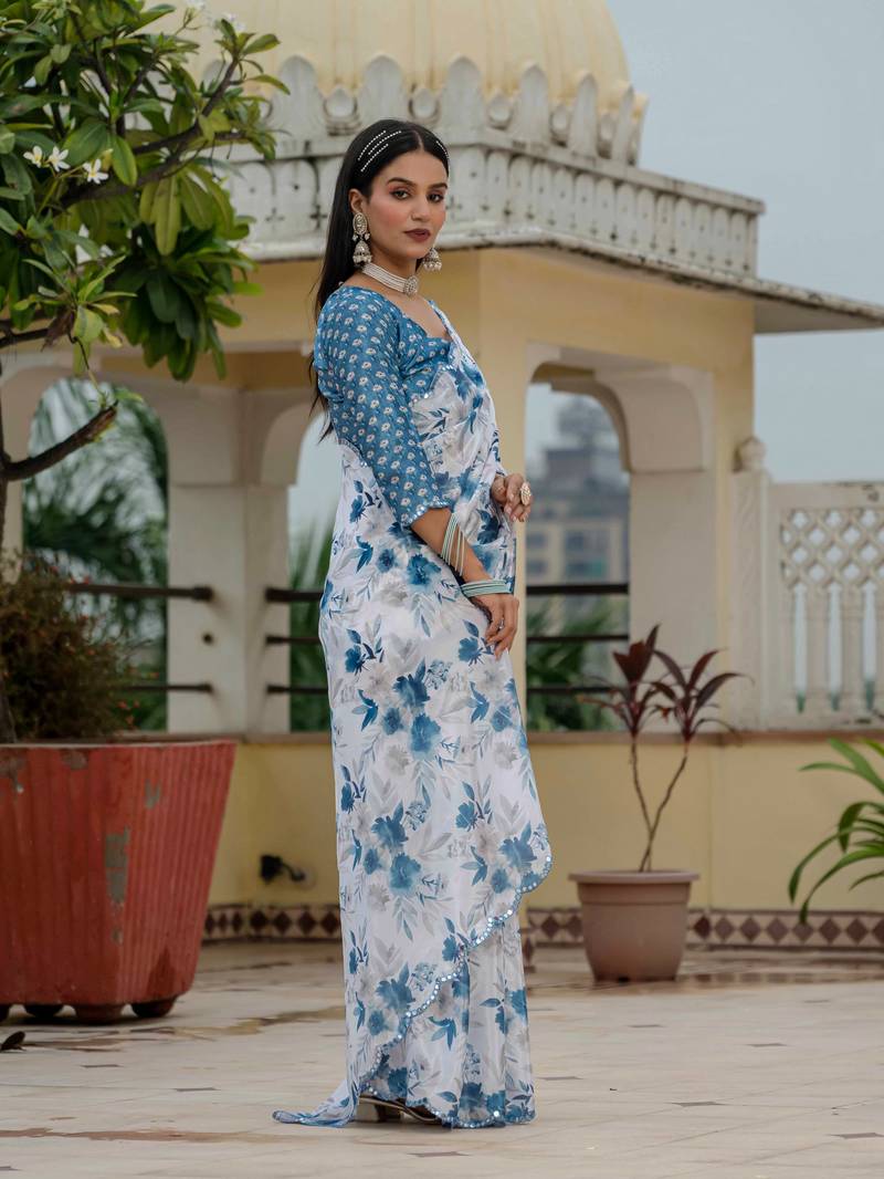 blue chinon digital print with mirror saree with blouse