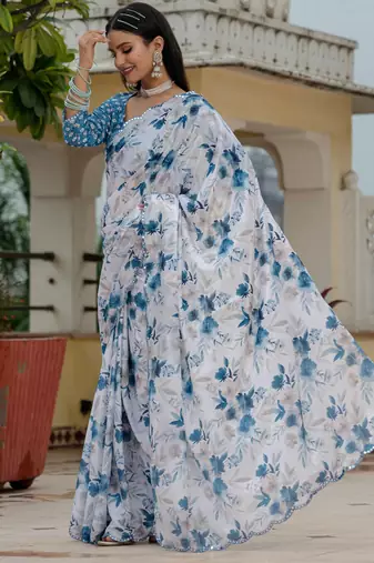 blue chinon digital print with mirror saree with blouse