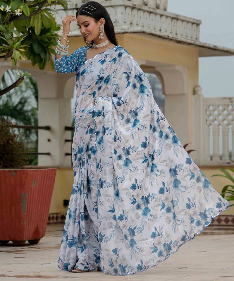 blue chinon digital print with mirror saree with blouse