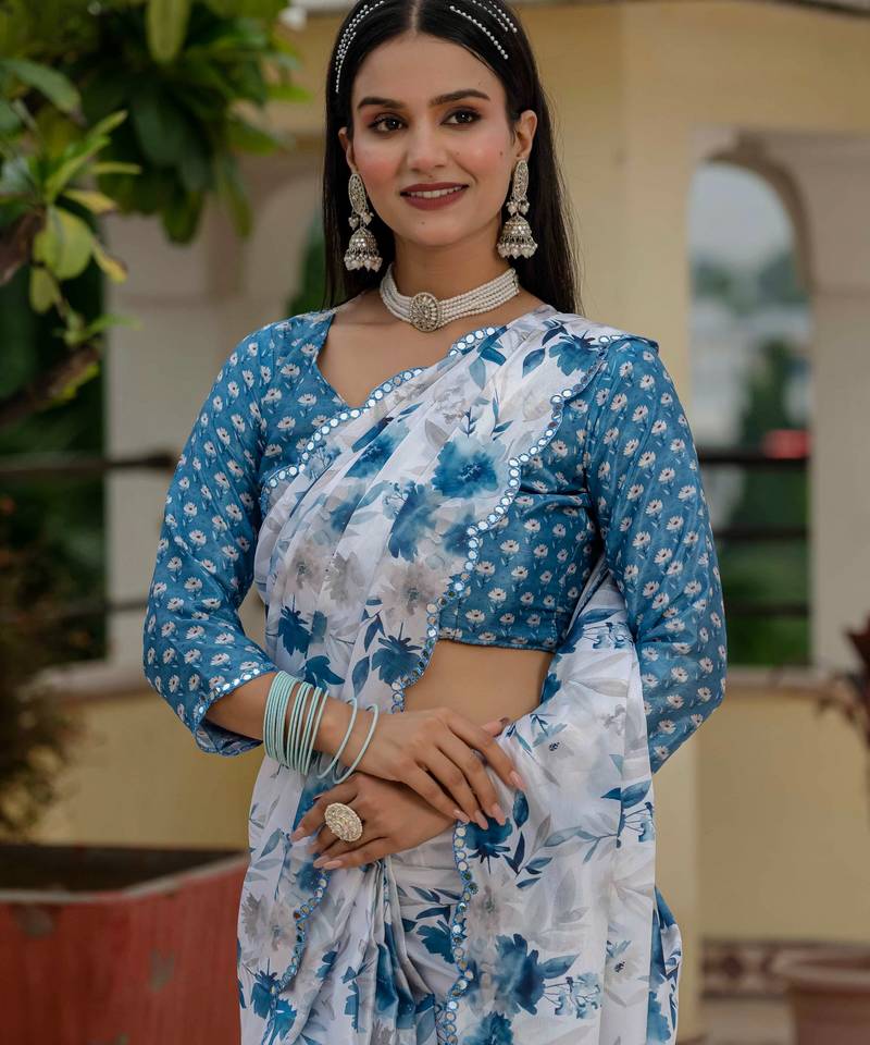 blue chinon digital print with mirror saree with blouse