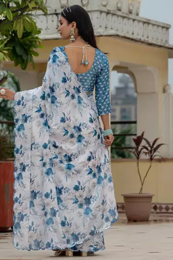 blue chinon digital print with mirror saree with blouse