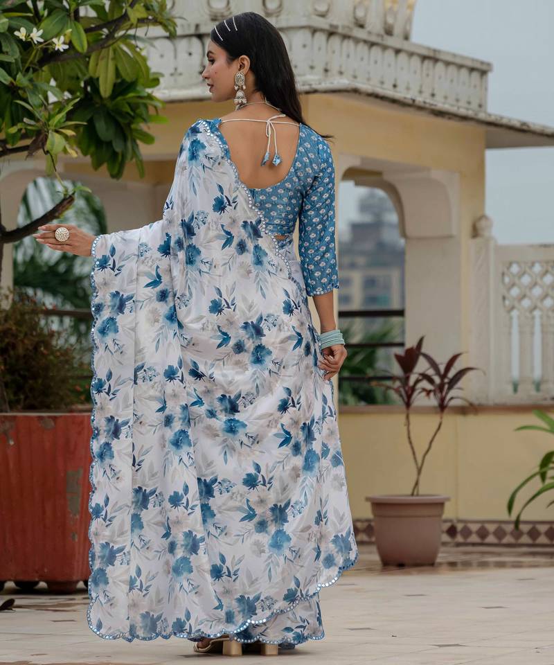 blue chinon digital print with mirror saree with blouse