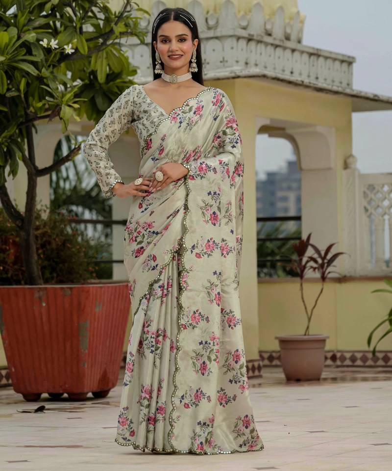 pista green chinon digital print with mirror saree with blouse