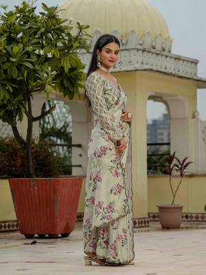 pista green chinon digital print with mirror saree with blouse 2