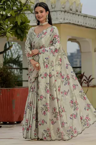 pista green chinon digital print with mirror saree with blouse