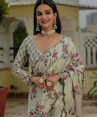 pista green chinon digital print with mirror saree with blouse 4